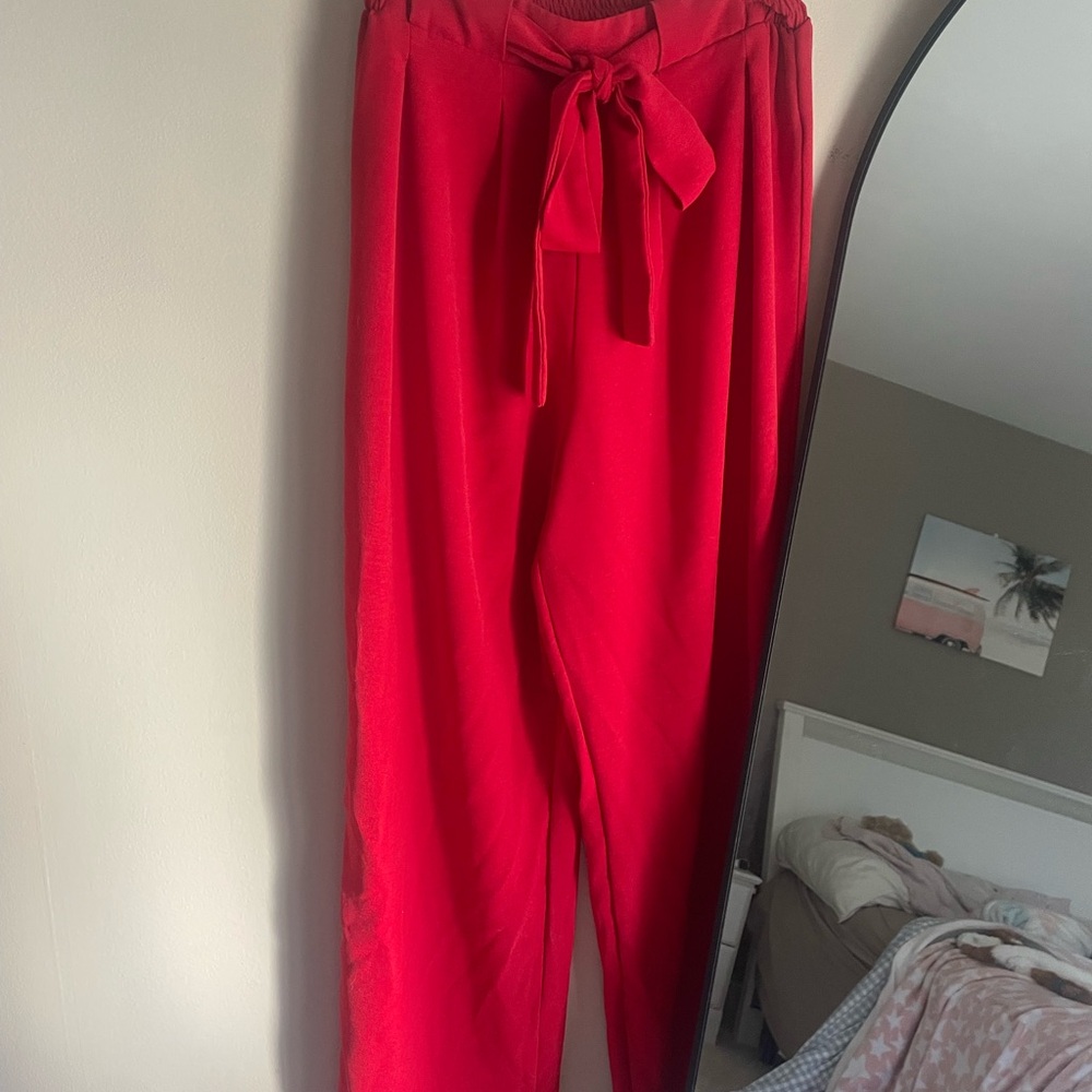 Francesca's Collections Red Wide-Leg Tie Waist Pants